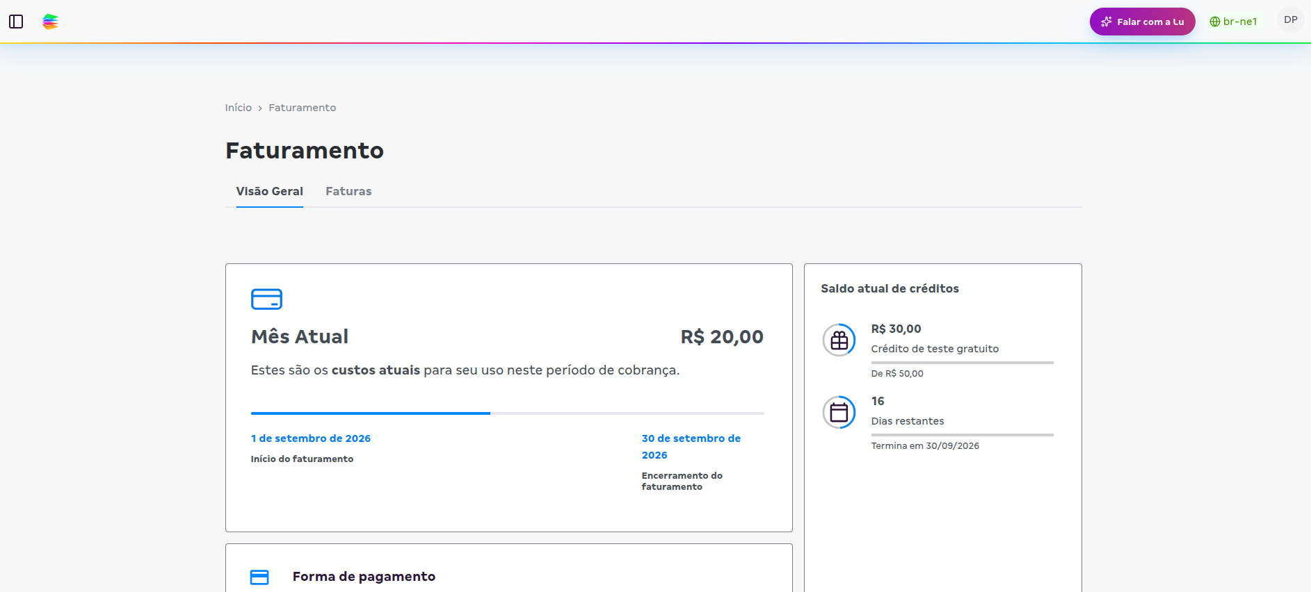 Visualização dos créditos disponíveis