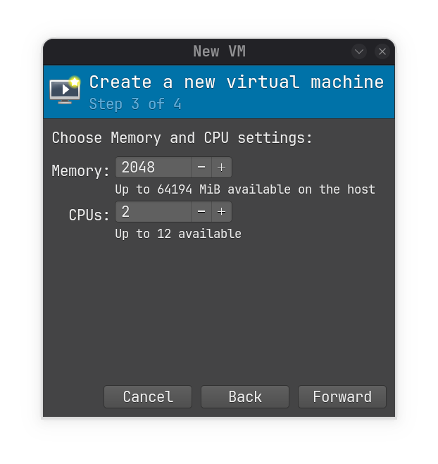 Selecionar quantidade RAM e CPU