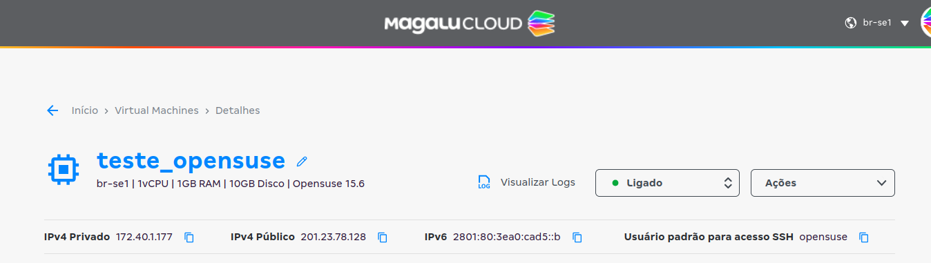 Console - usuário padrão para acesso SSH