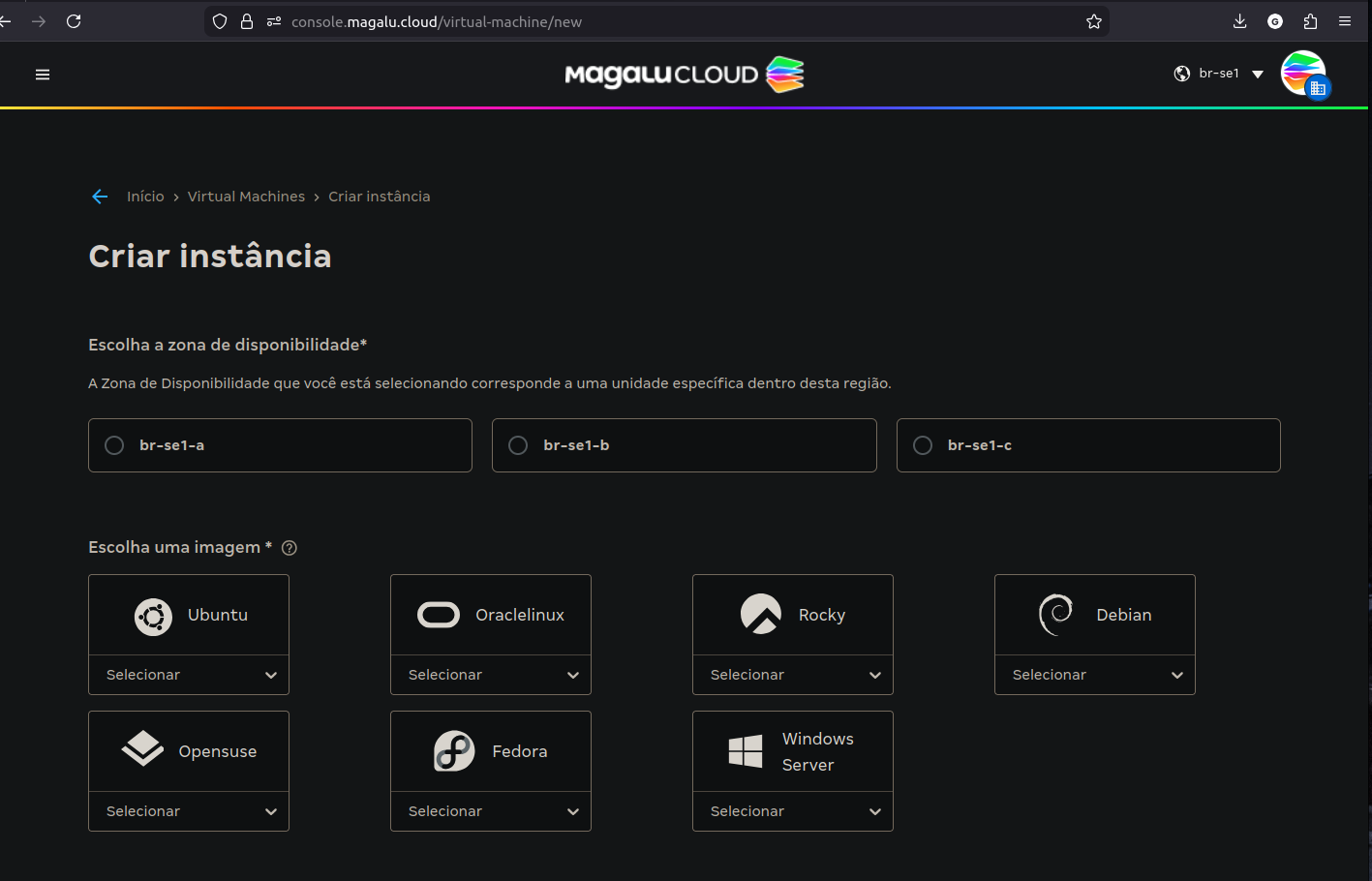 Tela de criação de instância