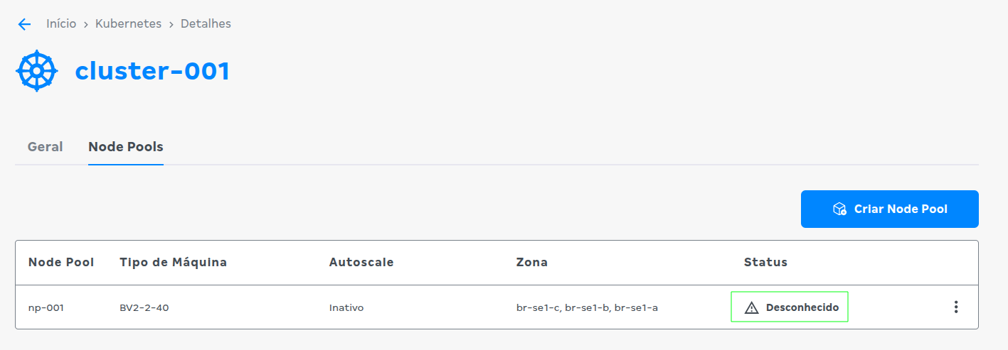 Node Pool Status Desconhecido